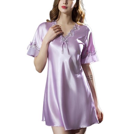 

Homgro Women s Satin Nightgown Soft Sexy Short Pajama Dress Short Sleeve Silk Sleep Shirt V Neck Lace Nightshirt Fall Vintage Slim Fit Lightweight Sleepwear Purple Lavender 4