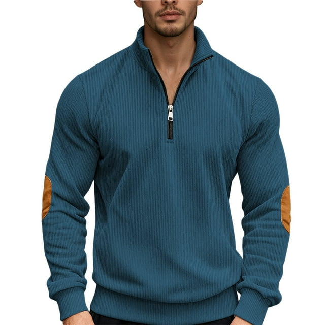Chandail en Molleton à Col Montant en Velours Côtelé avec Fermeture Éclair pour Usage Quotidien et Décontracté, Chandail en Molleton Sans Capuche pour Hommes avec Design à Patch Coude