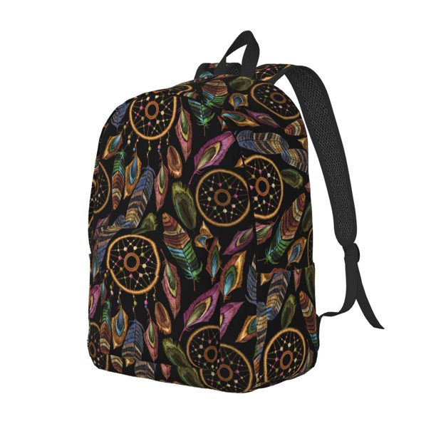 Disketp Decorative Feathers print Canvas Backpack Lightweight Travel Daypack Student Rucksack Laptop Backpack-Small