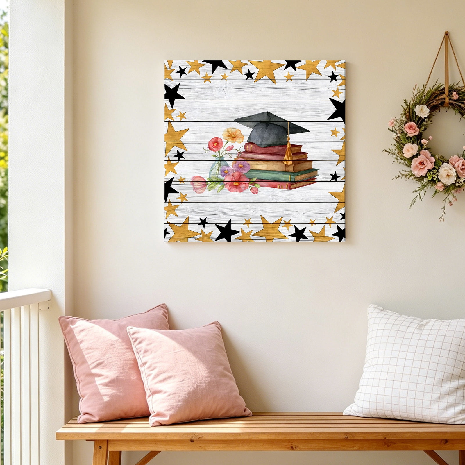 Graduation Cap Canvas Wall Art for Living Room, Watercolor Red Flower Gold Star Vintage Book Wood Striped Poster Print Painting for Bedroom Office Home Decor Wall Pictures Prepare To Hang 16"x16"