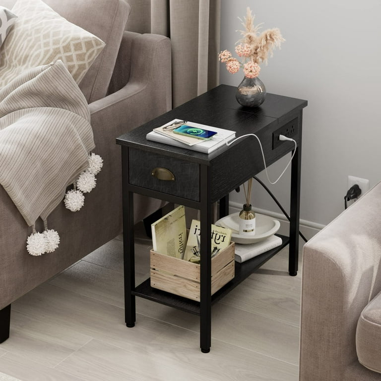 VASAGLE Side Table with Storage, End Table with USB Ports and Outlets,  Nightstand with Charging Station, Fabric Bags, for Living Room, Bedroom,  Rustic