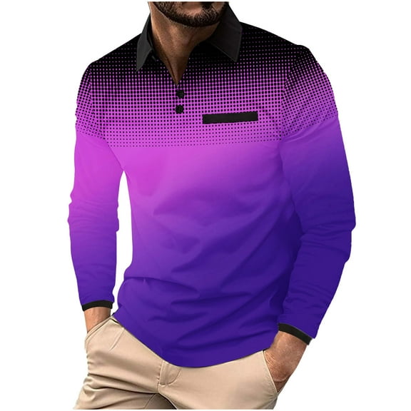 Mens Long Sleeve Golf Shirts with Button Collared T-Shirts Casual Pullover Gradient Polka Dot Printed Breathable Lapel Office Work Tshirts Tees Tops