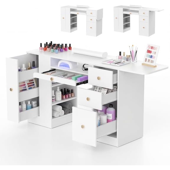 47 inch Nail Desk for Nail Tech White Manicure Table Nail Station with Foldable Tray&Tool Display Tray Acetone Resistant Nails Table for Nail Beauty Salon Spa