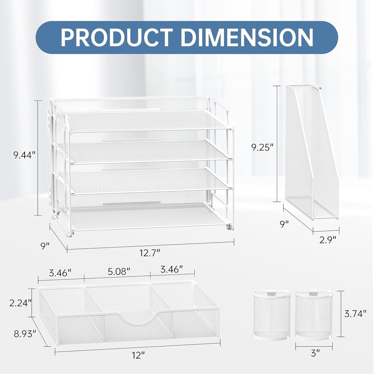 INTIGE 4-Tier Desk File Organizer with File Holder, Drawer, Pen Holders and Handle, White