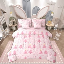Feelyou Girly Pink Tree Twin Bedding Sets 7-Piece, Cartoon Winter Snowflake Bedding Comforter Set, Merry Christmas Theme Reversible Sheet Sets, Lightweight Room Decor