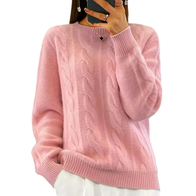 Avamo Chandails pour Femmes Col Rond Chandail Torsadé Chaud d'Hiver Chic Rose P