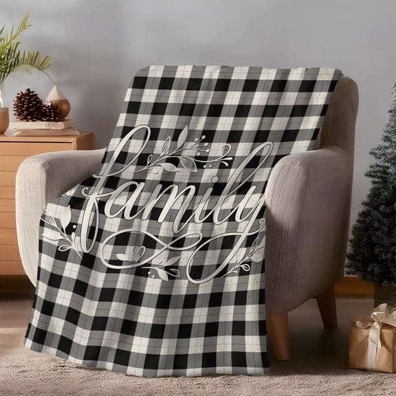 Throw Blanket Fleece Throw Blanket 40x50in, Country Family Quote Leaf Soft Lightweight Bed Blankets Farmhouse Retro Checkered Fuzzy Couch Blankets for All Season