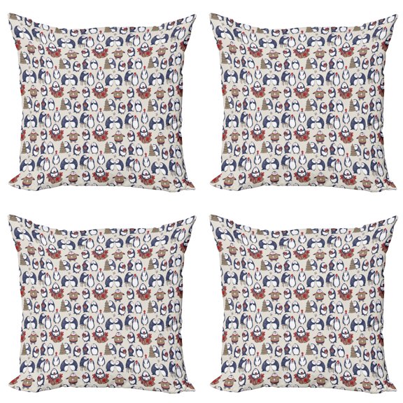 Ambesonne Christmas Throw Pillow Cover 4 Pack, Grunge Penguins Boxes, 24", Navy Blue White Umber