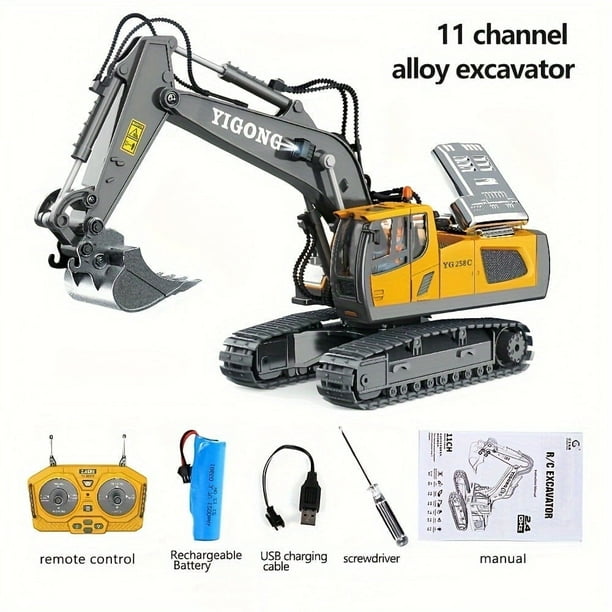TZDZRC Excavadora de Control Remoto, Vehículo de Construcción RC de 11 Canales, Juguetes Recargables, Auto de Ingeniería RC, Regalos para Niños