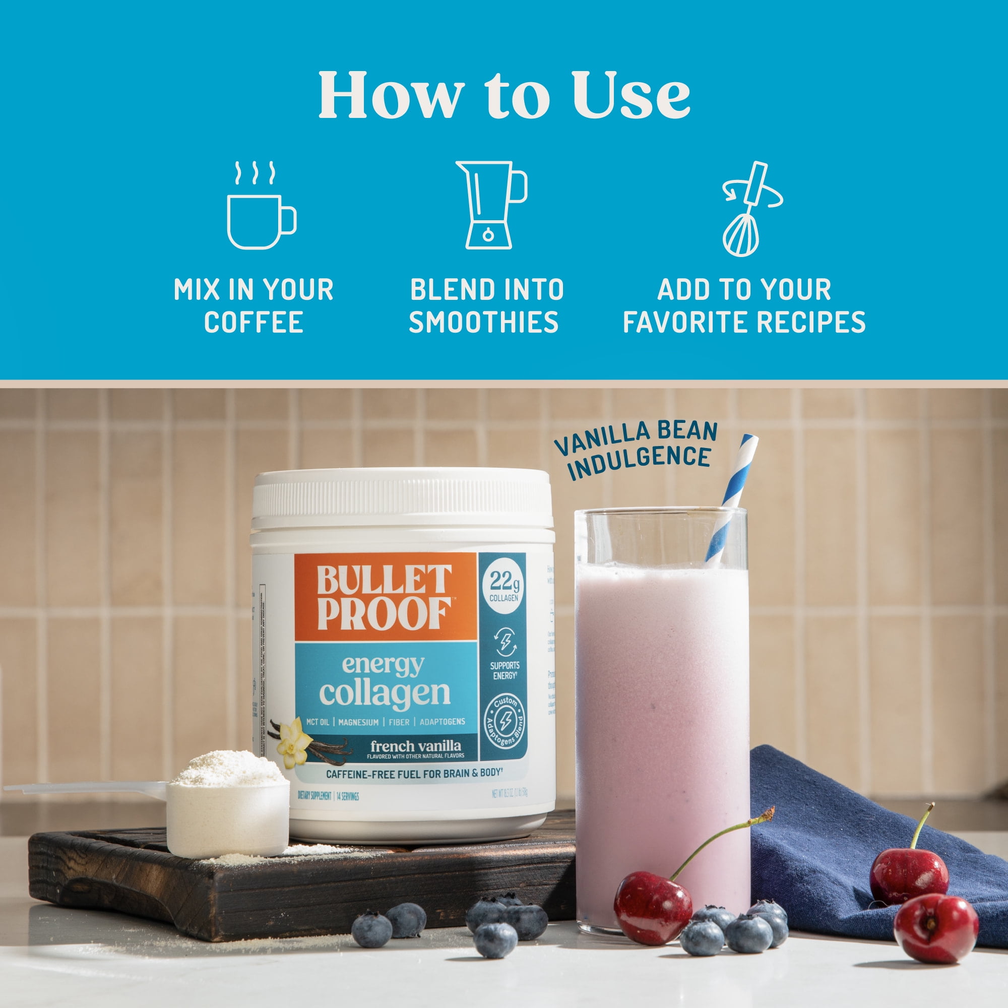 Bulletproof Vanilla Bean Energy Collagen Protein Powder, 18.3 Ounces, Caffeine-Free Fuel with Vitamins and Antioxidants