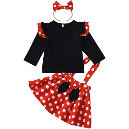 

DOUBFIVSY Baby Girls Skirts Set Ruffle Cloth T Shirt Top+Polka Dot Overall Suspender Tutu Bow Polka Dot 1st Birthday Outfit