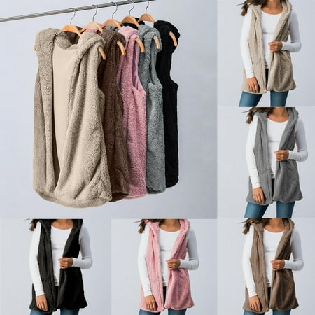Womens Faux Fur Warm Fleece Sleeveless Vest Casual Long Sleeve Outwear Tops Fashion New Overcoat Pullover Parka