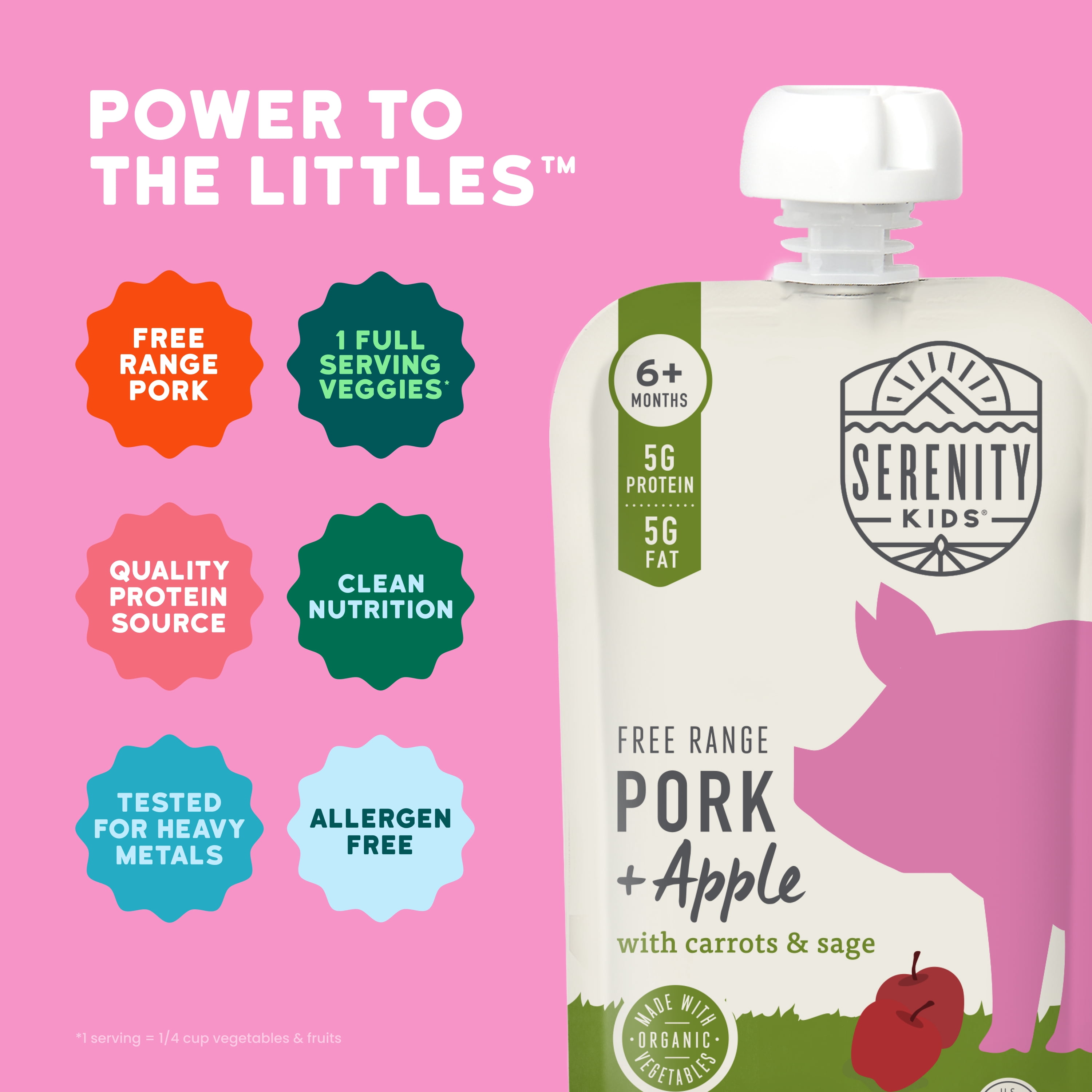 (12 pack) Serenity Kids Stage 2 Baby Food Pouch Free Range Pork & Apple with Organic Carrots & Sage - 3.5oz