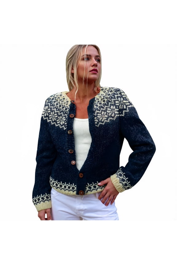 Women's Vintage Argyle Knit Icelandic Nordic Cardigan Sweater Coat Colorful Button Jacket Navy L
