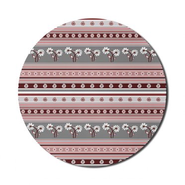 Floral Mouse Pad for Computers, Various Spring Flower Motifs on Striped Background Geometric Illustration, Round Non-Slip Thick Rubber Modern Mousepad, 8" Round, Grey Pink Burgundy, by Ambesonne