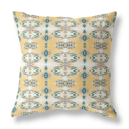 Flowers of Strength Faux Suede Fabric Throw Pillow in White and Yellow 16x16