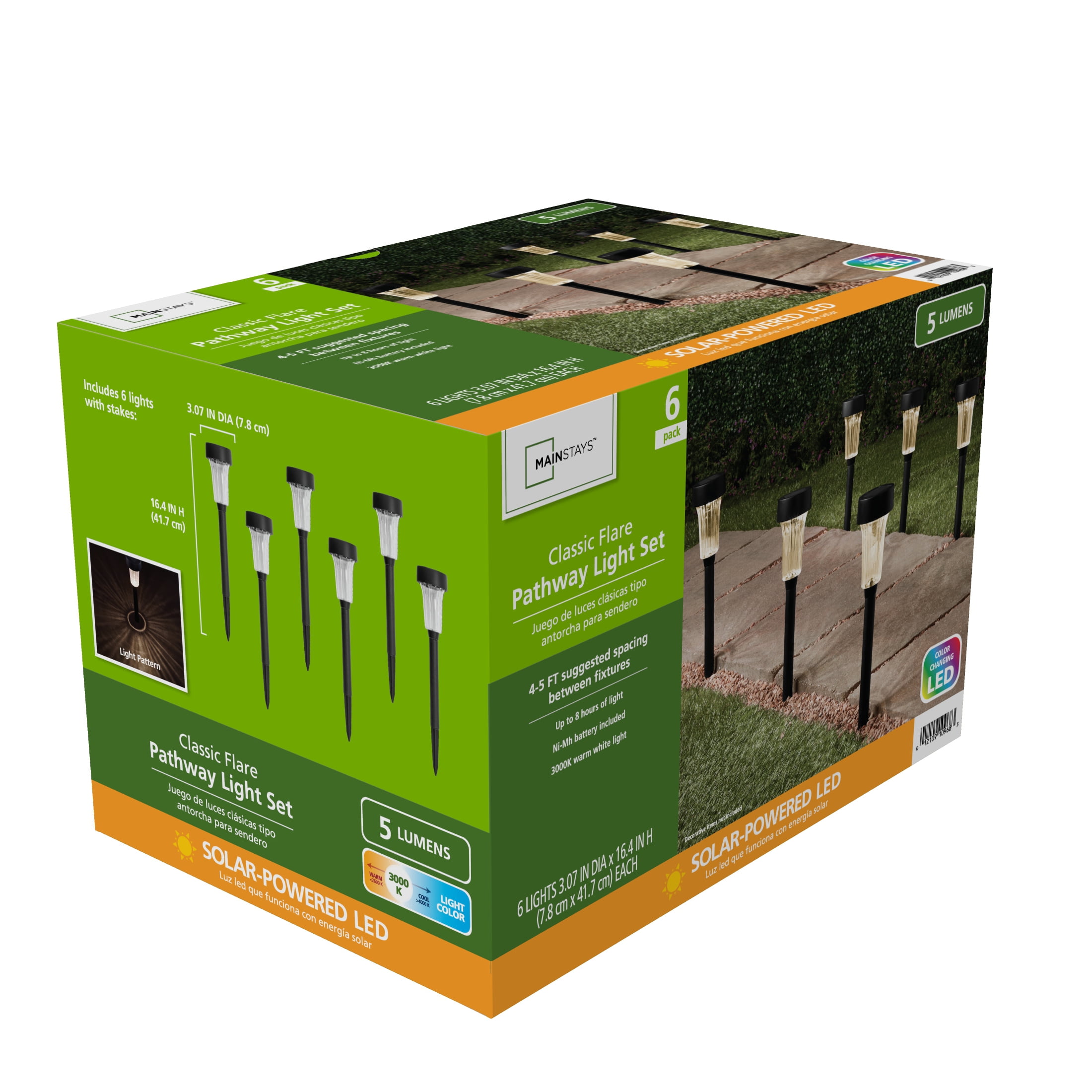Mainstays Solar Powered Classic Flare Pathway Light and Landscape Light with Color Holding LED, 5 Lumens (6 Count)