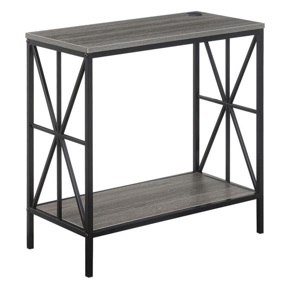 Pemberly Row Chairside End Table w/Charging Station and Shelf in Gray Wood