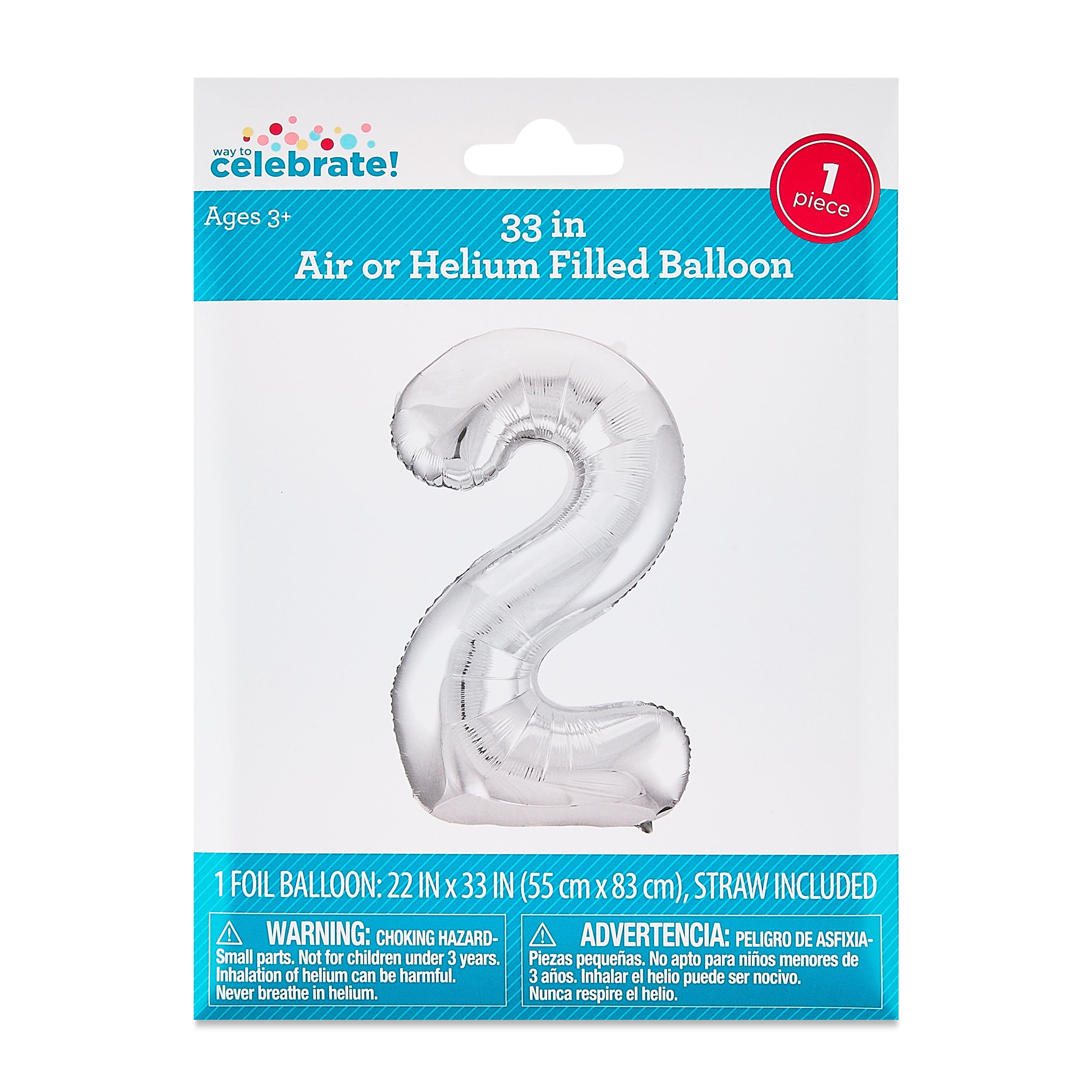 33" Silver Number 2 Foil Balloon, by Way To Celebrate