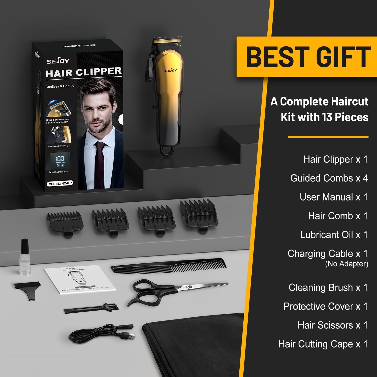 Sejoy Hair Clippers for Men, Professional Hair Trimmer, Cordless Barber Hair Grooming Kit, Beard Trimmer,Rechargeable Home Haircut for Women & Children LED Display USB Rechargeable,Gold