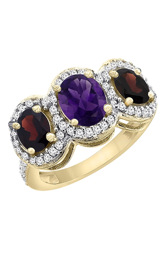 14K Yellow Gold Natural Amethyst & Garnet 3-Stone Ring Oval Diamond Accent, size 8