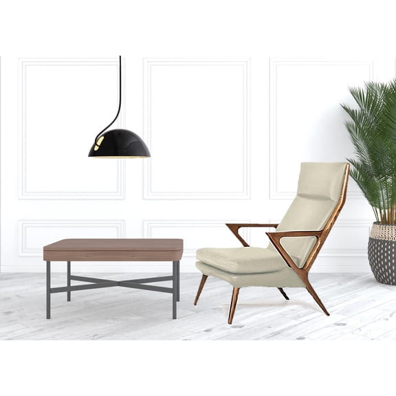 26" Beige Faux Leather And Walnut Lounge Chair With Ottoman