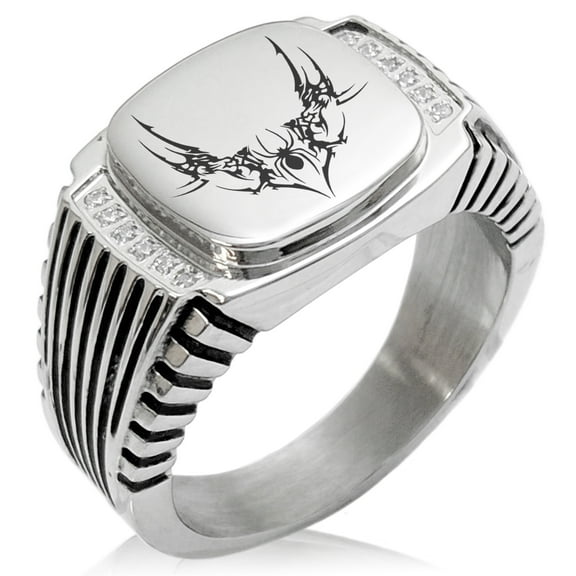 Stainless Steel Wicked Black Widow CZ Ribbed Needle Stripe Pattern Biker Style Polished Ring