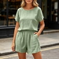 thumbnail image 5 of PIWHJQK Women 2 Piece Set Loungewear Shorts Set Women Fashion Solid Crew Neck Short Sleeve Shorts Set Breathable Women Outfits Sets, 5 of 7
