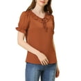 thumbnail image 4 of Blusa de cuello con lazo y volantes para mujer Inspire Chic, con mangas abullonadas y puños con volantes, color marrón sólido, 4 of 5