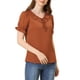 thumbnail image 4 of Blusa de cuello con lazo y volantes para mujer Inspire Chic, con mangas abullonadas y puños con volantes, color marrón sólido, 4 of 5
