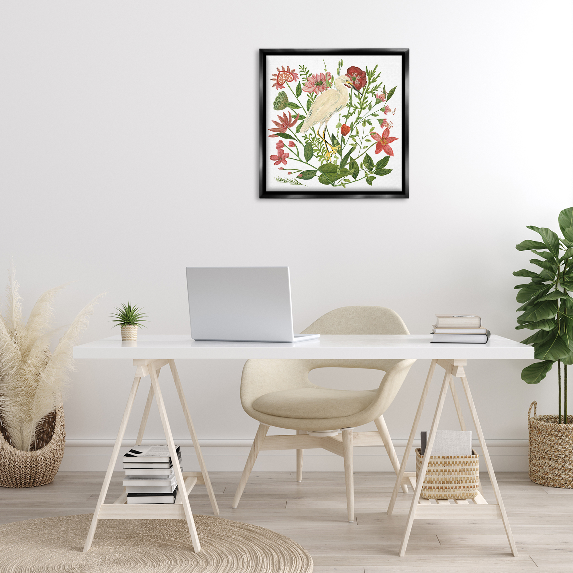 Stupell Industries Nautical Flowers & Egret Landscape Painting Black Floater Framed Canvas Art Print Wall Art, 25 x 25