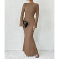 thumbnail image 4 of Women'S Long Sleeve Maxi Dress Ribbed Knit Boat Neck Bodycon Casual Dresses Going Out Outfits Camel Color S, 4 of 9