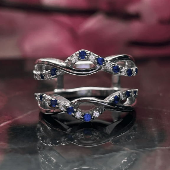 Infinity Double Curved Band 0.90Ct White Diamond & Blue Sapphire Ring Guard in 925 Sterling Silver