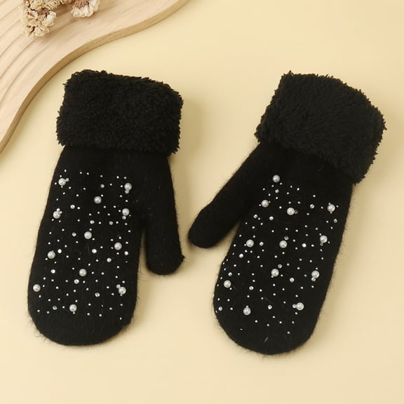 Gloves Cute Fluffy Knitted Mitten Gloves with Pearl On Winter Gloves Women (Black One Size)