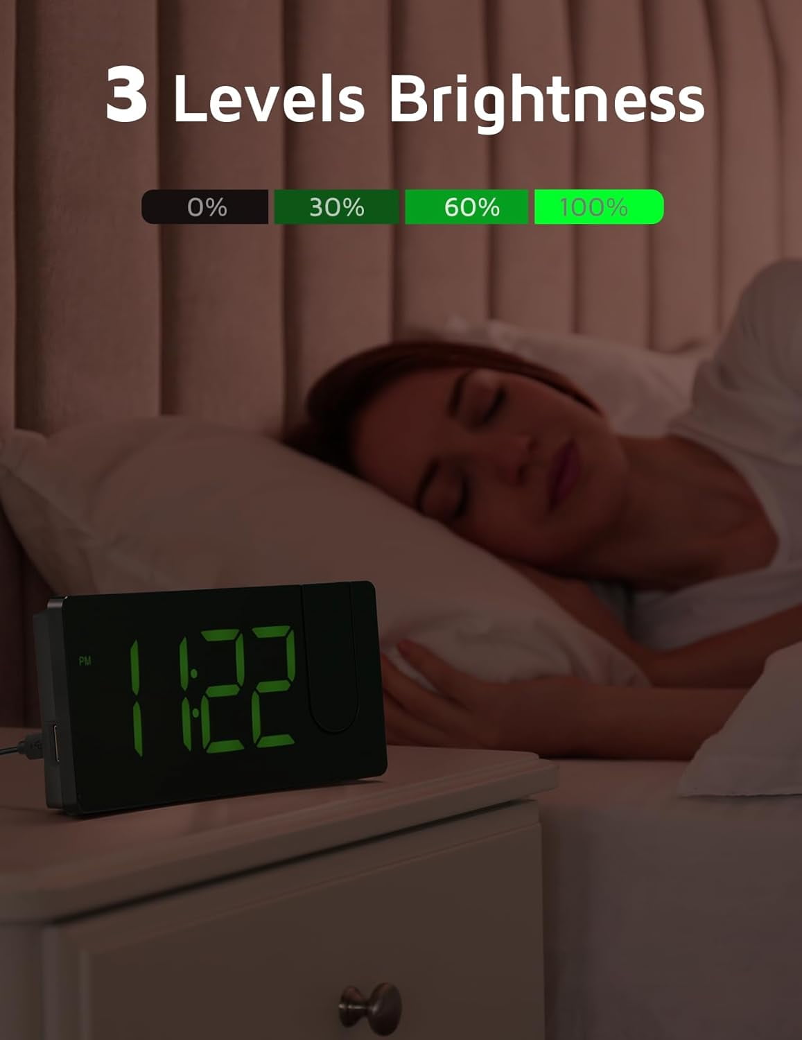 Chumajor Projection Alarm Clock, Digital Clock with 180° Rotatable Projector, 3-Level Brightness Dimmer, Clear LED Display, USB Charger, Progressive Volume, 9mins Snooze,12/24H, Green