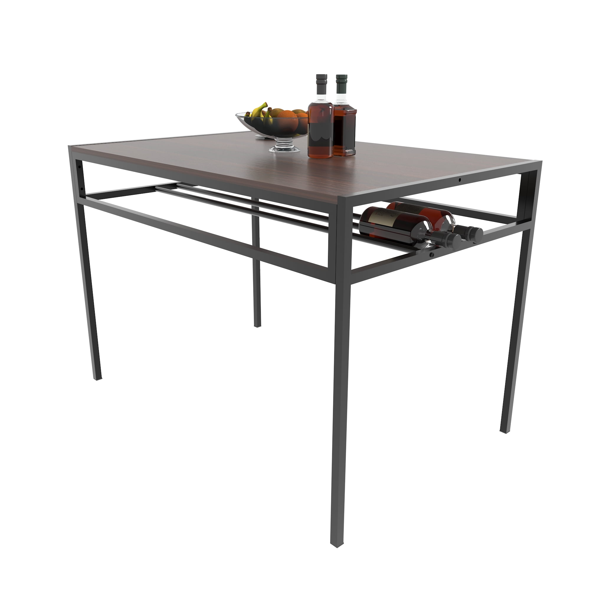 GARITIN 3 Piece Dining Table Set with 2 Benches, Rectangular Kitchen Table with Built in Wine Storage Rack for Small Apartment, Walnut Brown