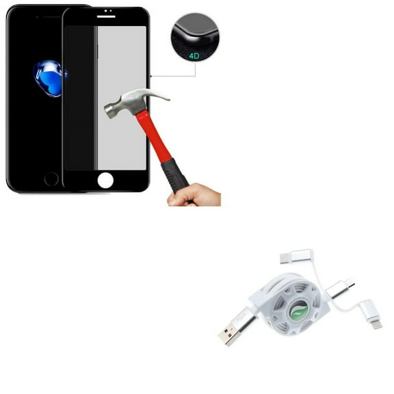iPhone 8/7/6S/6 - Tempered Glass Privacy Screen Protector w Retractable USB Cable - Curved Anti-Spy Anti-Peep 4D Edge Case Friendly, Charger Power Cord 3-in-1 Wire for iPhone 8/7/6S/6
