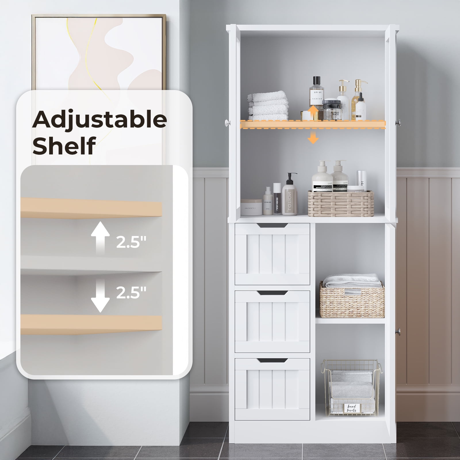 Ktaxon Kitchen Pantry Cabinet Wooden w/ 4 Drawers & 3 Doors Glass Doors, MDF Freestanding for Entryway Bathroom Living Room, White
