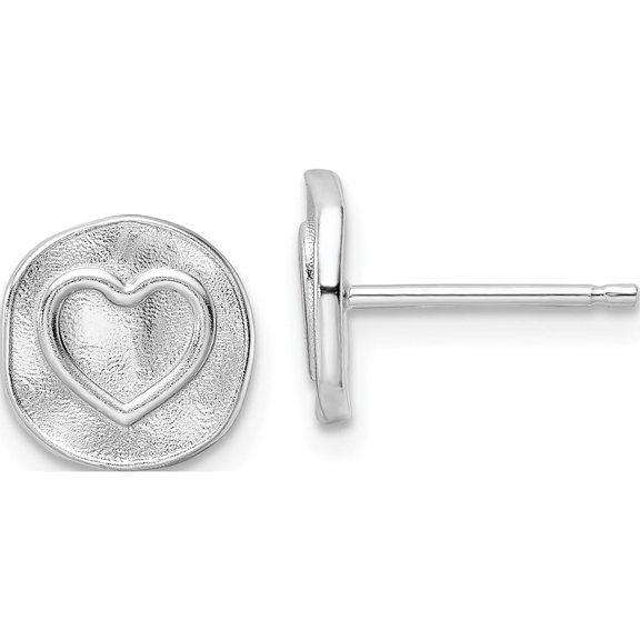 Sterling Silver Rhodium-Plated Heart In Satin Circle Post Earrings (9.6 X 9.6) Made Italy qe15638
