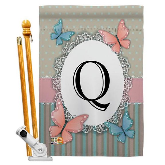 Breeze Decor BD-BG-HS-130147-IP-BO-D-US14-BD 28 x 40 in. Butterflies Q Initial Garden Friends Bugs & Frogs Impressions Decorative Vertical Double Sided House Flag Set & Pole Bracket Hardware