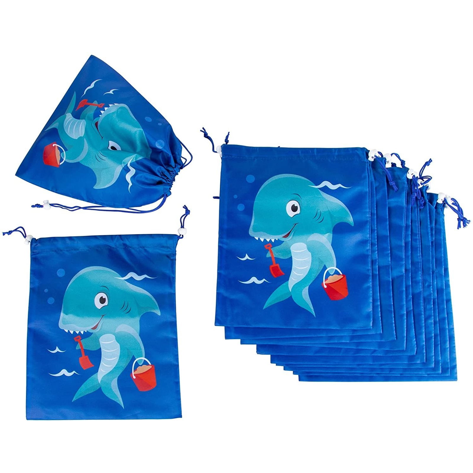 Drawstring Bags - 12-Pack Party Favor Bag for Kids Birthday, Baby Shower - Giveaway Gift Bags, Goodie Bags, Treat Bags Party Supplies for Boys and Girls, Blue Shark, 10 x 12 inches