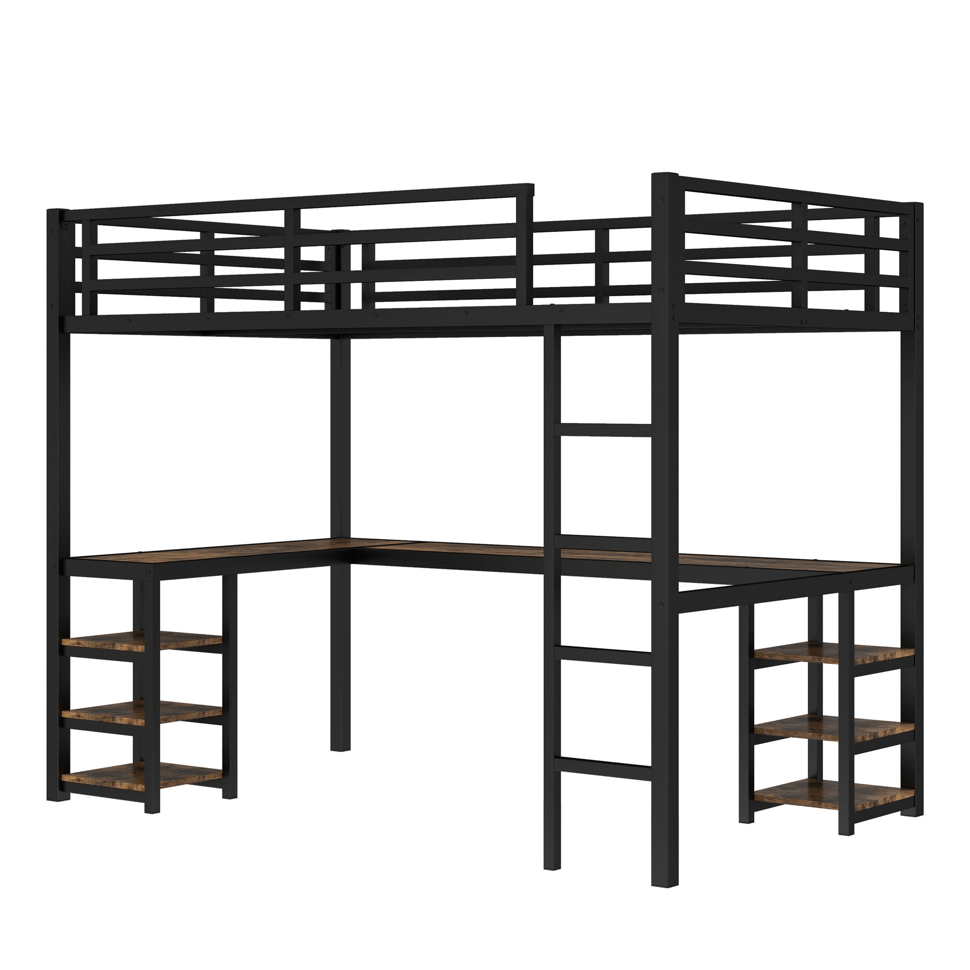 Mintazer Twin XL Loft Bed with Desk & 6 Shelves, Metal Bed Frame with Ladder and Guardrails for Kids Teens Bedroom Playhouse, Black