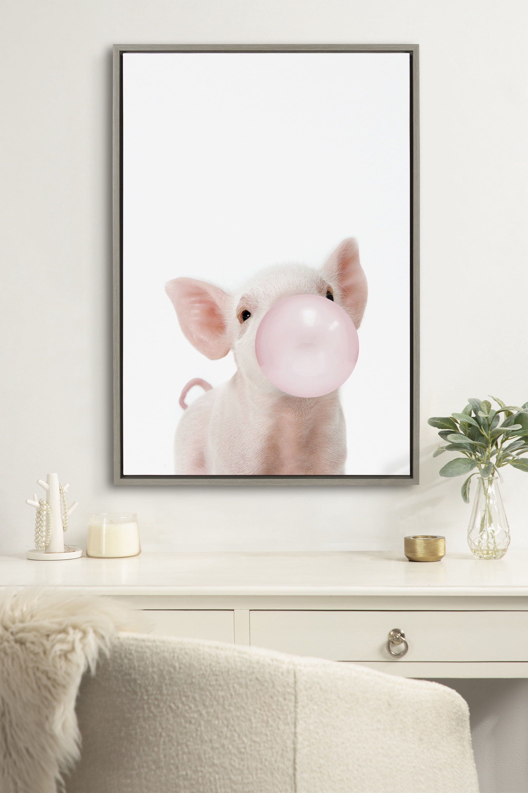 Kate and Laurel Sylvie Bubble Gum Piglet Framed Canvas Wall Art by Amy Peterson Art Studio, 23x33 Gray, Decorative Farm Animal Art for Wall