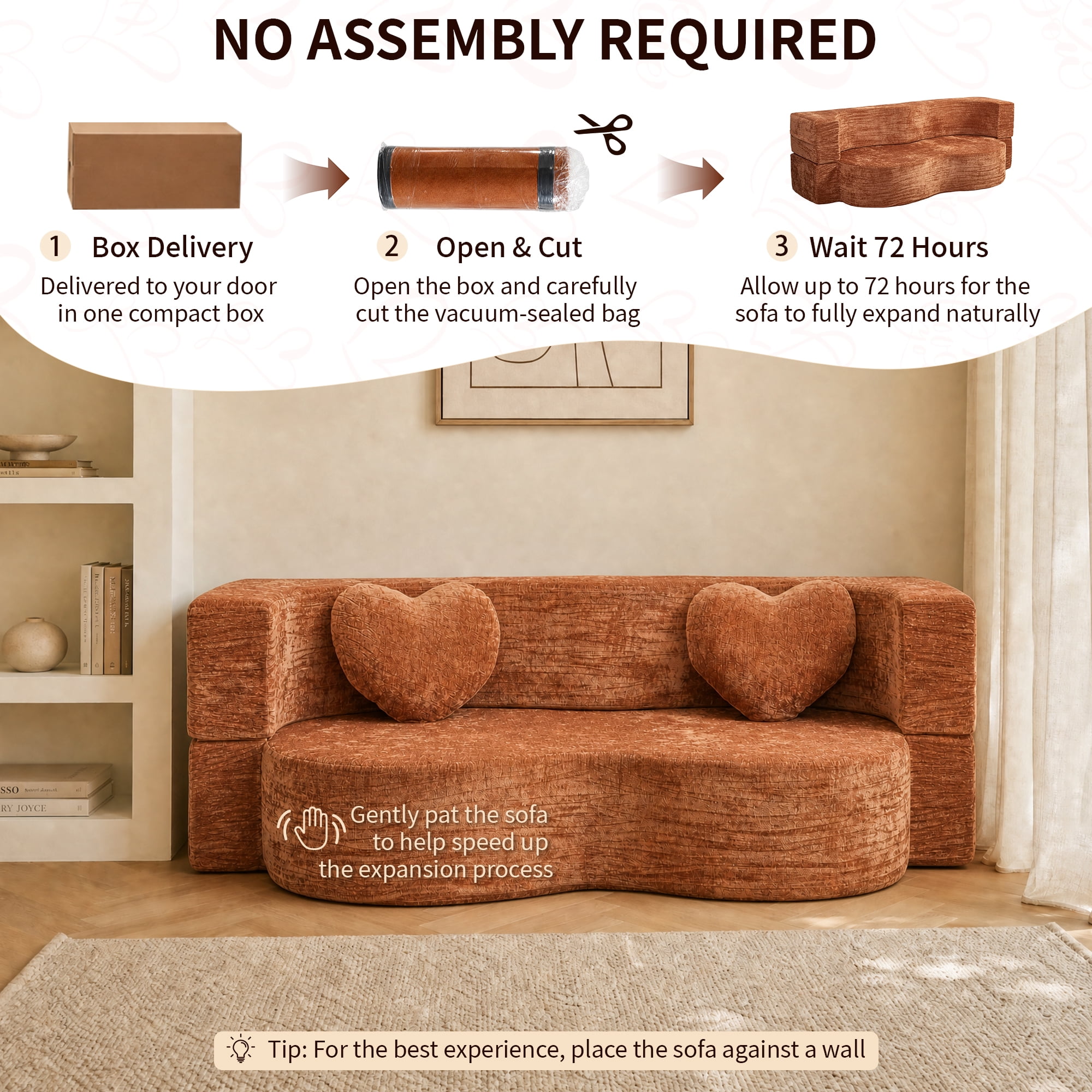 78.74"W Heart-Shaped Convertible Sofa,Floor Couch,Sleeper Sofa Bed,No Assembly High-Density Sponge Loveseat with 2 Heart Pillows for Living Room, Apartment,Burnt Orange