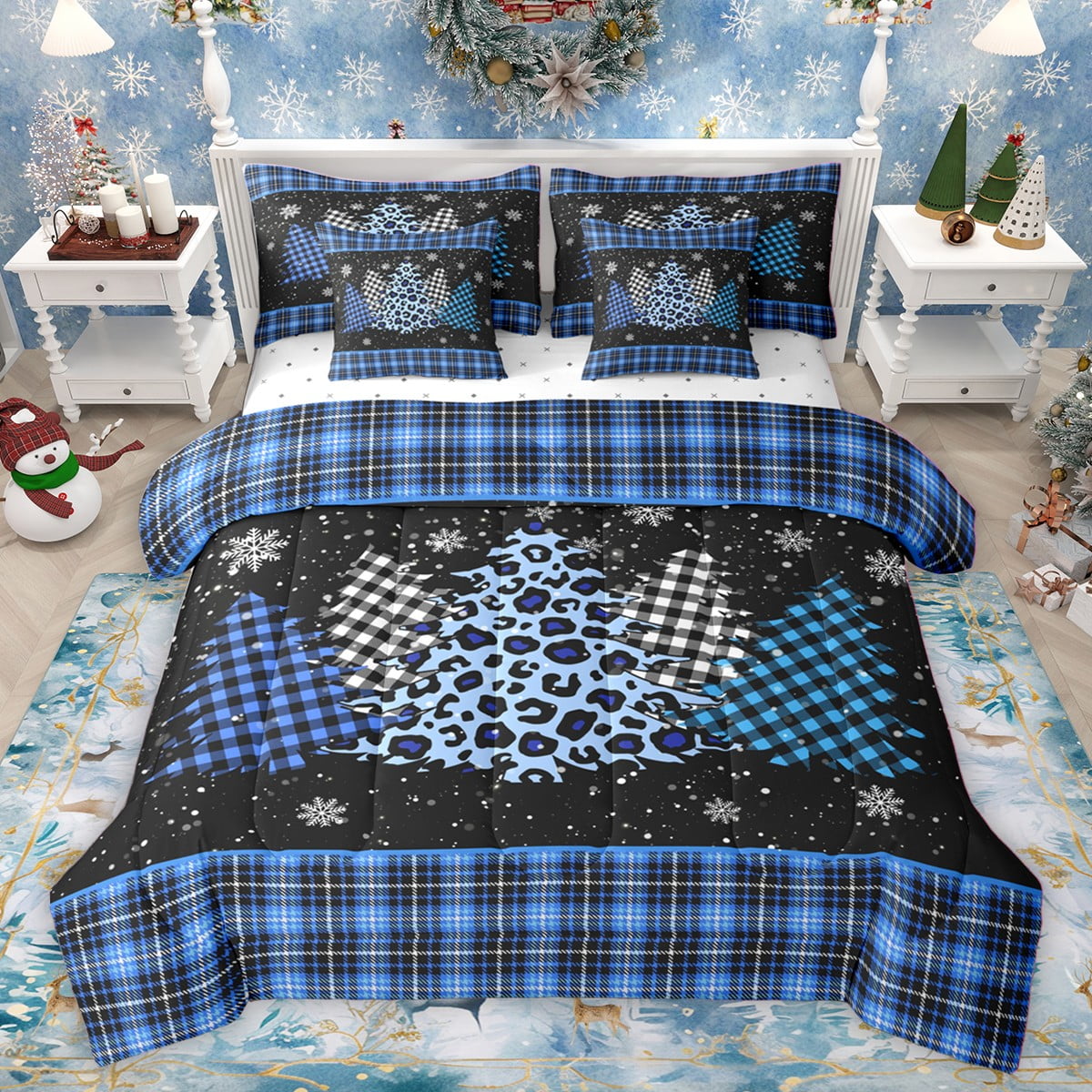 Homewish Teens Abstract Xmas Tree Twin Bedding Sets 7-Piece Leopard Print Bedding Comforter Set Microfiber Geometric Plaid Breathable Sheet Sets Luxury Bedroom Decor Reversible