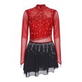 thumbnail image 3 of YiZYiF Women Sparkly Rhinestone Long Sleeve Figure Skating Dress Irregular Hem Skirt Lyrical Ballet Dance Wear Burgundy S, 3 of 6