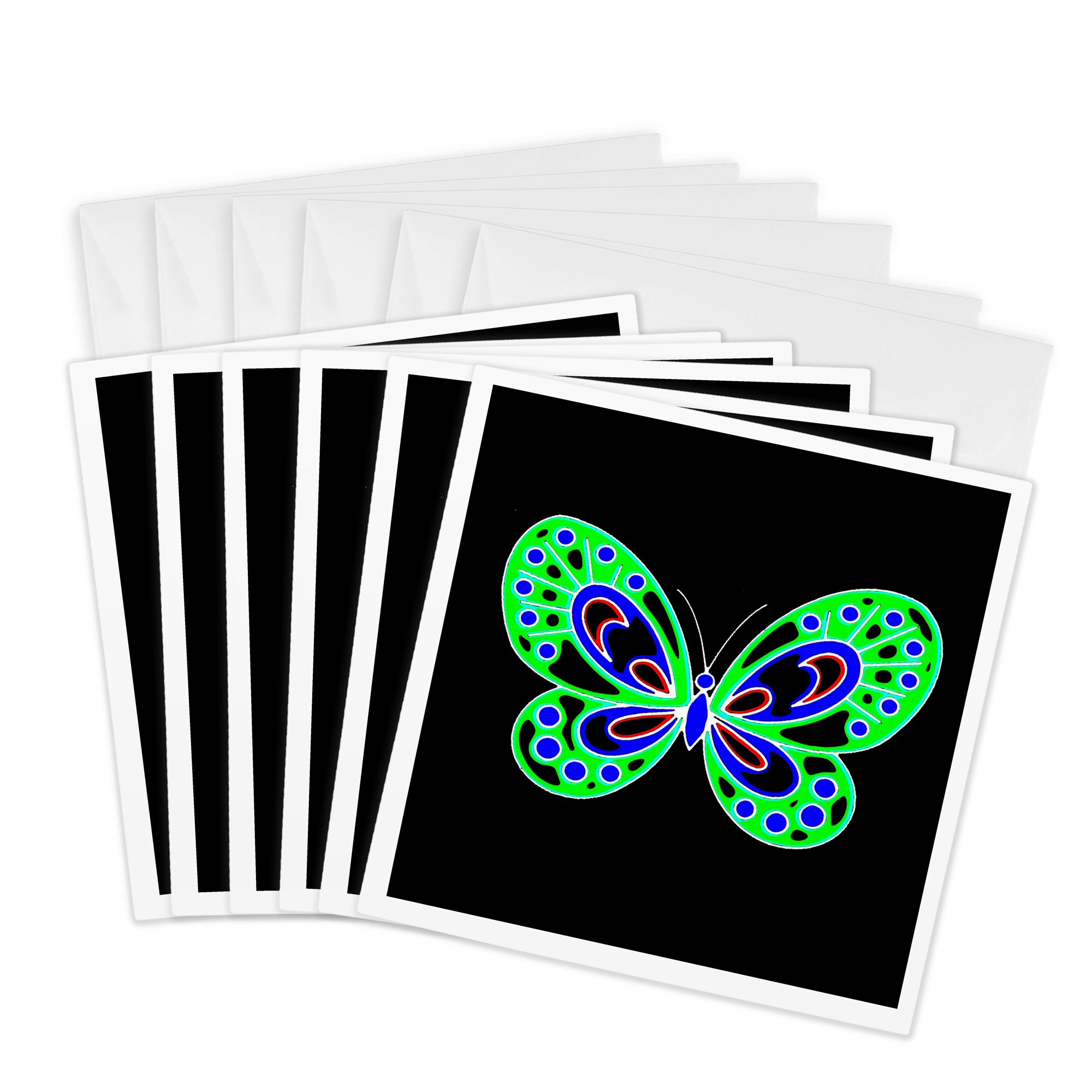3drose Bright Green and Blue Butterfly 6 Greeting Cards with Envelopes