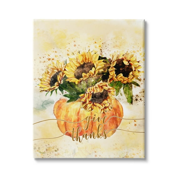 Stupell Industries Give Thanks Phrase Orange Pumpkin Sunflower Floral Burst, 16 x 20,Design by Ziwei Li