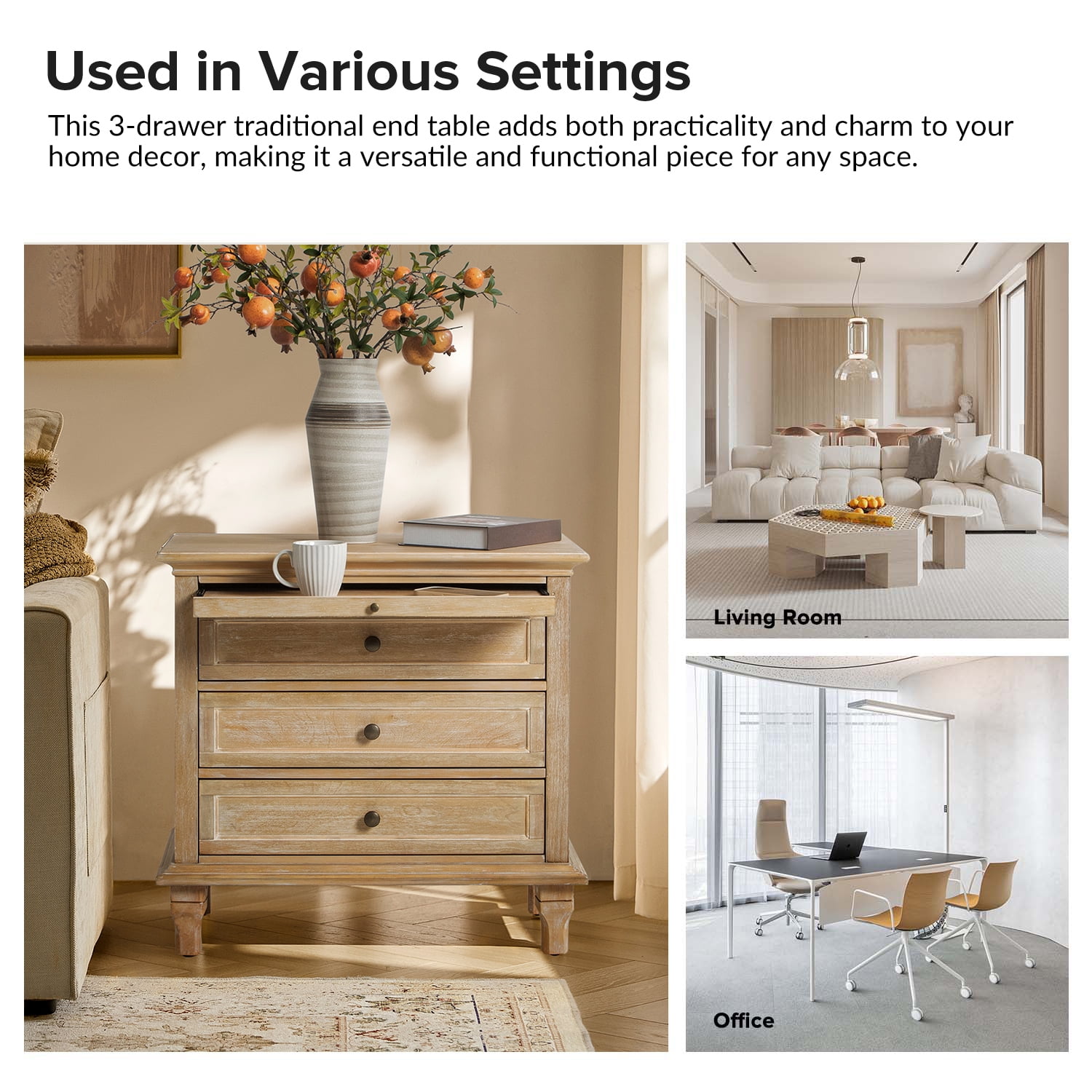 Tina's Home Farmhouse Natural Soild wood End Tables Set of 2 with Charging Station, 3 Drawer Side Table with Pull-Out Tray for Living Room, Small Spaces
