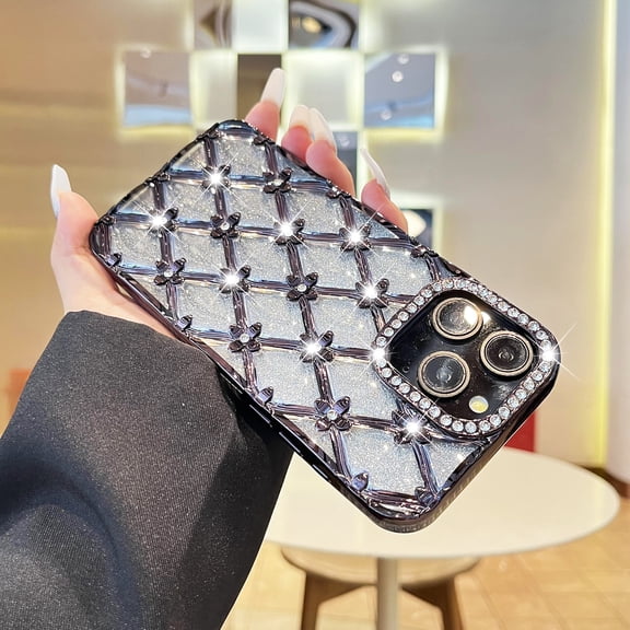 For iPhone Air Phone Case,Cute Bling Argyle Glitter Diamond Flower Back,Diamonds Shiny Design,Ultra Slim Shockproof TPU Anti-Scratch Anti-fall Luxury Durable Thin Fit Phone Case,Black